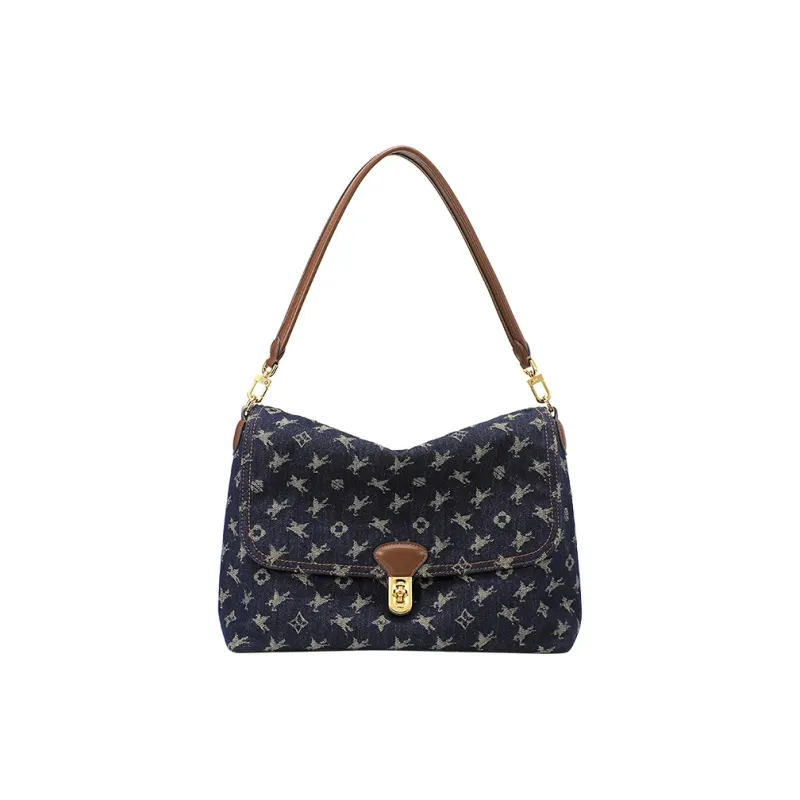 NUCELLE Fabric Denim Bag Shoulder Bag Crossbody Bag Medium Size Women's Tannin Blue/Twilight Black-8