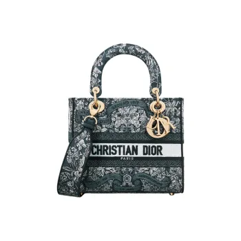 DIOR Fabric Tote Bag, Shopping Bag, Lady Dior Bag, One Shoulder Handbag Medium Size Women's Milk White & Blue