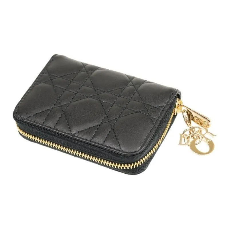 DIOR Lady Dior Sheepskin Coin Purses Wallets Women's Black-3