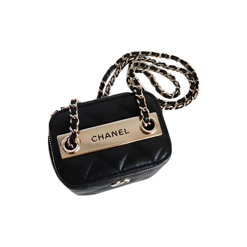 CHANEL Sheepskin Makeup Bag Shoulder Bag Mini Women's Black-3