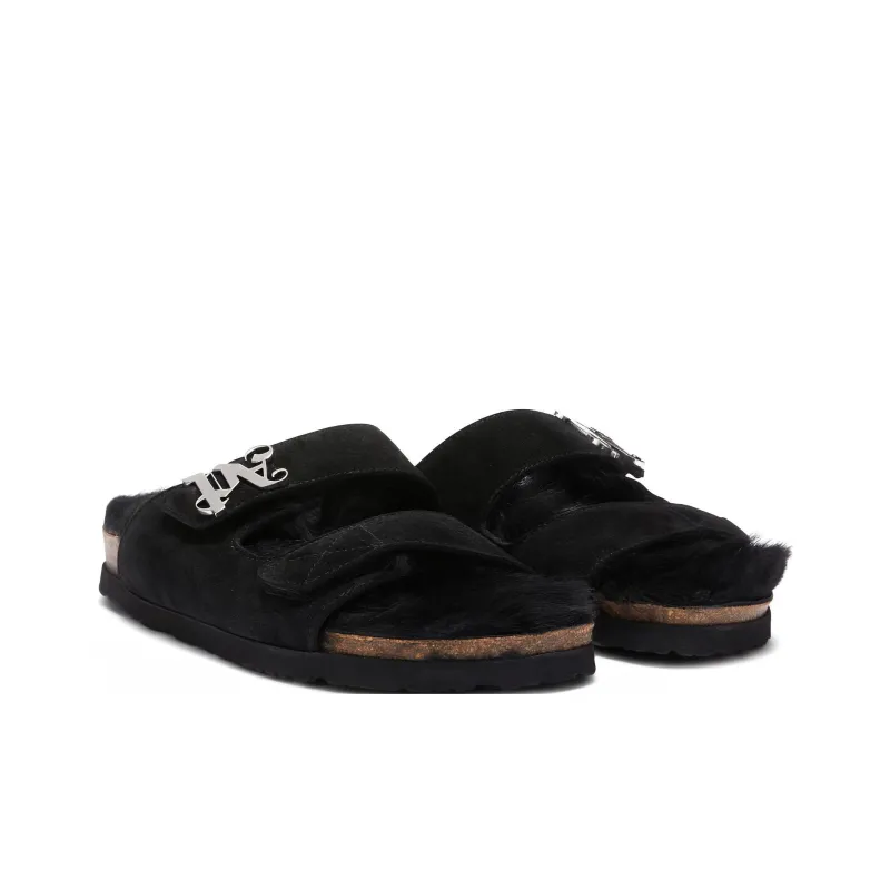 PALM ANGELS Monogram plaque Faux fur Sandals-2