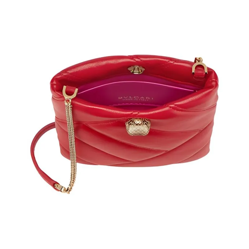 BVLGARI Serpenti Cabochon Calfskin Chain Cell Phone Pouch Crossbody Bag Women's Red-1