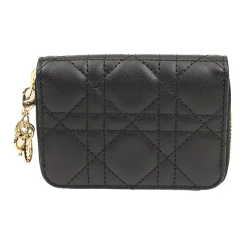 DIOR Lady Dior Sheepskin Coin Purses Wallets Women's Black