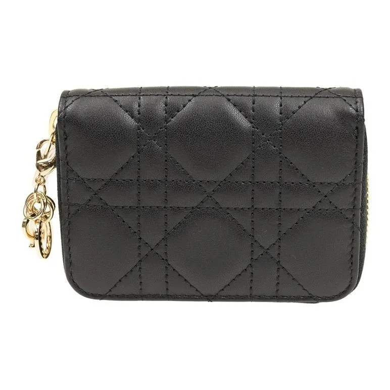 DIOR Lady Dior Sheepskin Coin Purses Wallets Women's Black-0