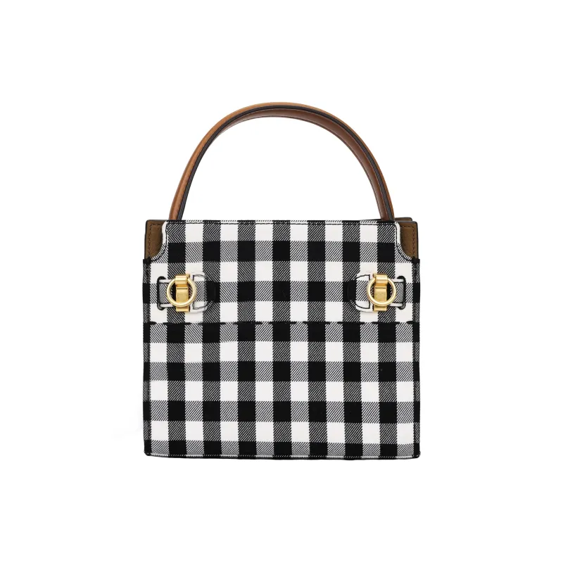 TORY BURCH Lee Radziwill Leather Shoulder Bag, Crossbody Bag, Handbag Mini Women's Black & White-2