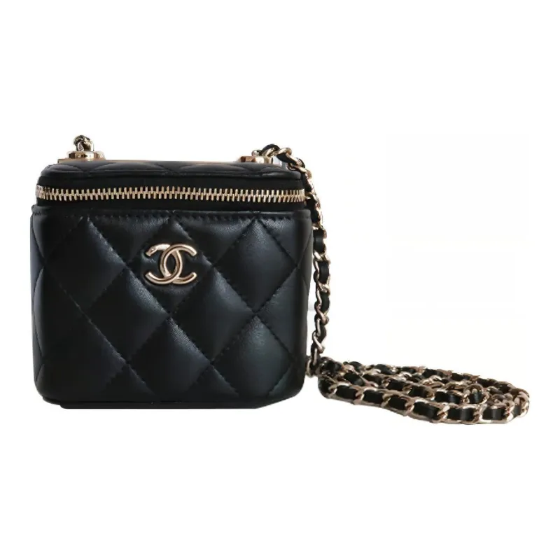 CHANEL Sheepskin Makeup Bag Shoulder Bag Mini Women's Black-0