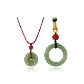 ZENGCAI Chinese Style Double Sided Carving Necklace, Eternal Love Token Jade Pendant Green Jade Unisex