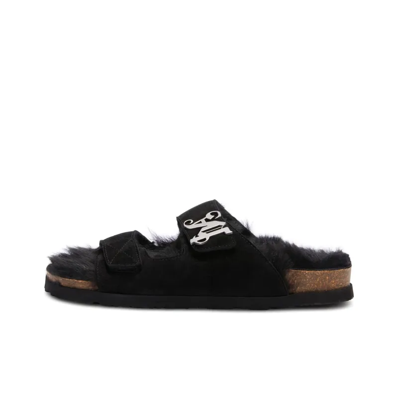 PALM ANGELS Monogram plaque Faux fur Sandals-0
