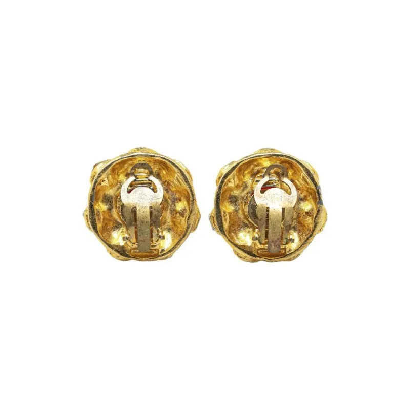 CHANEL 20th Century Plated Red Stone Rhinestones Clip On Costume Earrings-1
