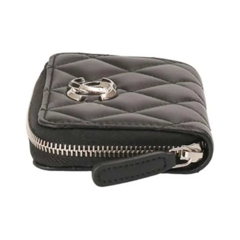 CHANEL Leather Coin Purse Women's Black-3