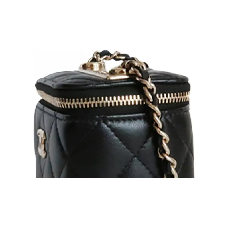 CHANEL Sheepskin Makeup Bag Shoulder Bag Mini Women's Black-5
