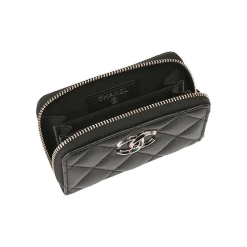 CHANEL Leather Coin Purse Women's Black-4