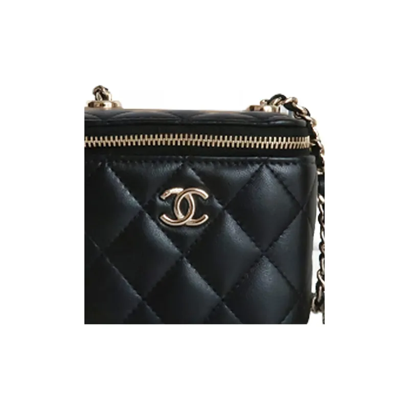 CHANEL Sheepskin Makeup Bag Shoulder Bag Mini Women's Black-4