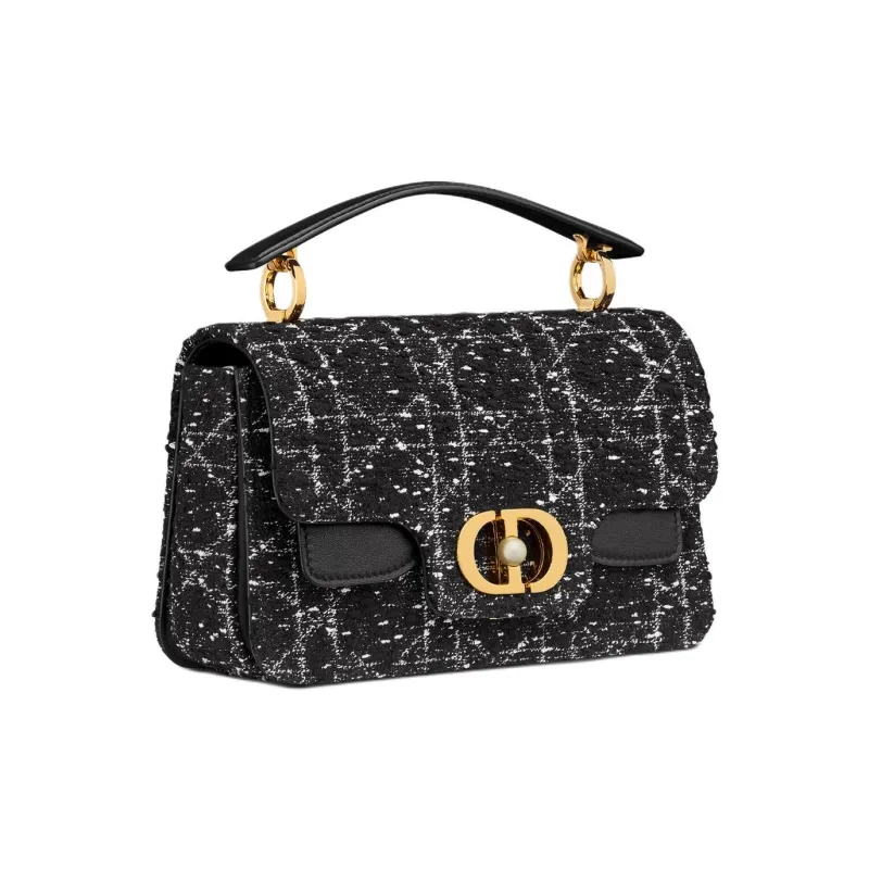 DIOR Cotton With Cow Leather Patchwork Shoulder Bag Crossbody Bag Handbag Small Size Women's Black-1