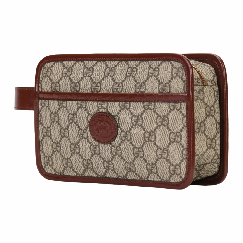 GUCCI Canvas With Leather Canvas Bag Toiletry Bag Travel Bag Clutch Women's Burgundy & Brown-2