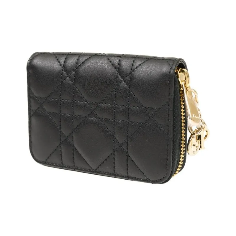 DIOR Lady Dior Sheepskin Coin Purses Wallets Women's Black-1