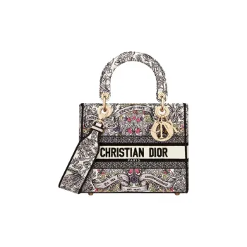 DIOR Lady D Lite Fabric Lady Dior Bag, Tote Bag, Shopping Bag, Handbag Medium Size Women's Milk White & Multicolor