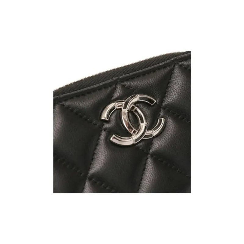 CHANEL Leather Coin Purse Women's Black-5