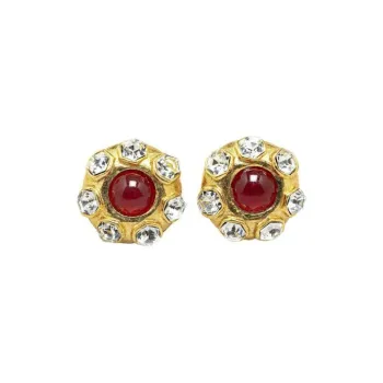 CHANEL 20th Century Plated Red Stone Rhinestones Clip On Costume Earrings