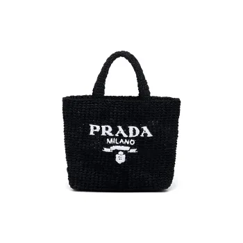 PRADA Raffia Fiber Tote Bag Shopping Bag Handbag Small Size Women's Black