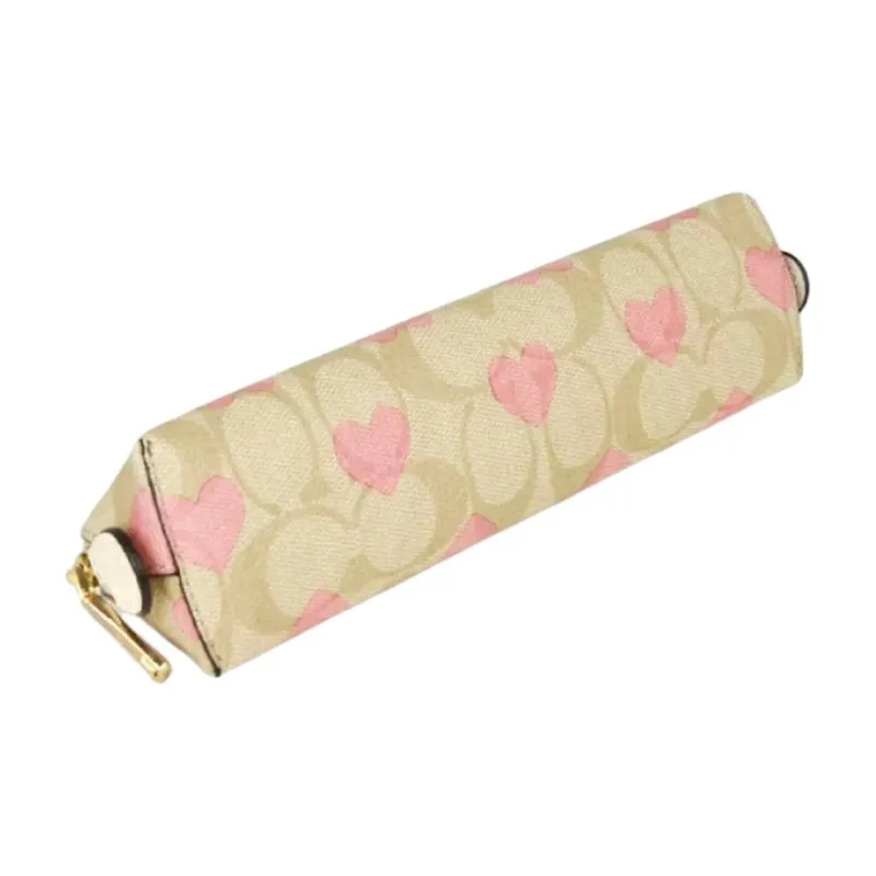 COACH Pencil Case Canvas With Leather Pencil Case Storage Bag Small Size Women's Gold & Light Khaki Pink-3
