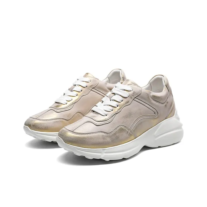 He Jinchang Anti Slip Wear Resistant Low Top Chunky Sneakers Women's Gold-3
