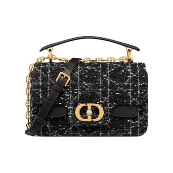 DIOR Cotton With Cow Leather Patchwork Shoulder Bag Crossbody Bag Handbag Small Size Women's Black