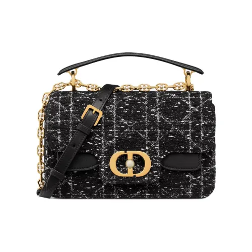 DIOR Cotton With Cow Leather Patchwork Shoulder Bag Crossbody Bag Handbag Small Size Women's Black
