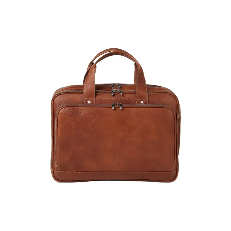 Brunello Cucinelli Grained Calfskin Portable Briefcases Men's Brown-0