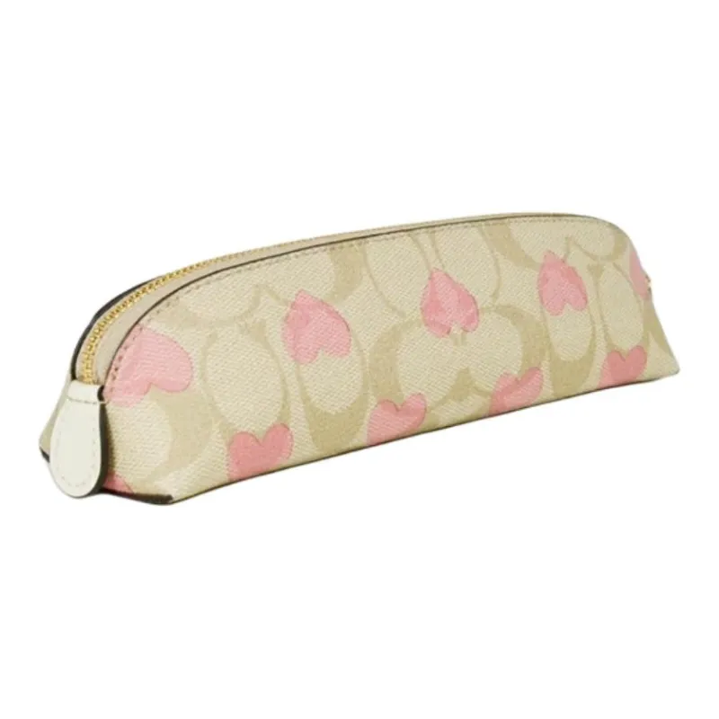 COACH Pencil Case Canvas With Leather Pencil Case Storage Bag Small Size Women's Gold & Light Khaki Pink-2