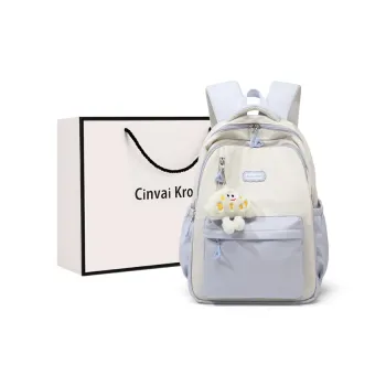 Simvay Clos Fabric Canvas Backpack Backpack Travel Laptop Bag Large Size Women's White & Light Blue