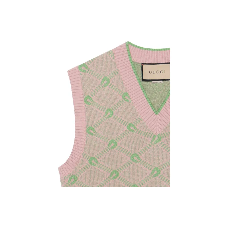 GUCCI Men Wool Cotton Jacquard Knit Vest Pink-5