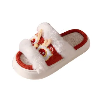 SHIGUDE Cotton Linen Blend Slippers Women's Red