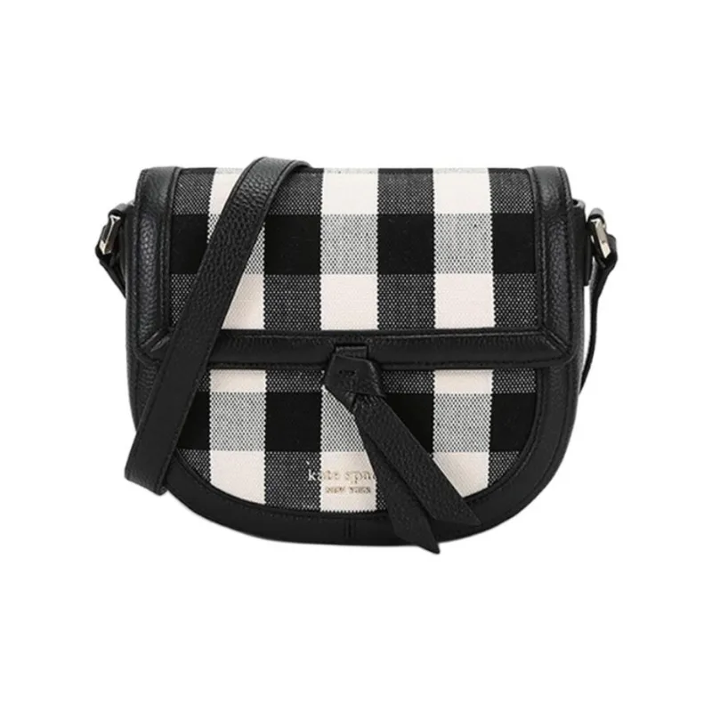 Kate Spade Fabric, Cow Leather Saddle Bag, Crossbody Bag, Shoulder Bag Medium Size Women's Black Ecru-0