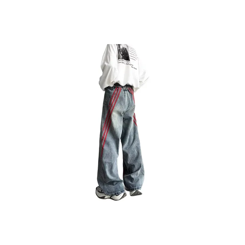 IJRJ Jeans Unisex Red Stripes Patchwork Blue-1