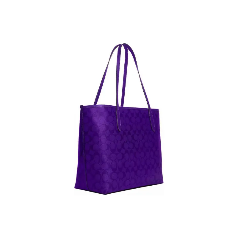 COACH Coated Canvas With Leather Tote Bag Shopping Bag Tote Bag Shoulder Bag Large Size Women's Purple-1