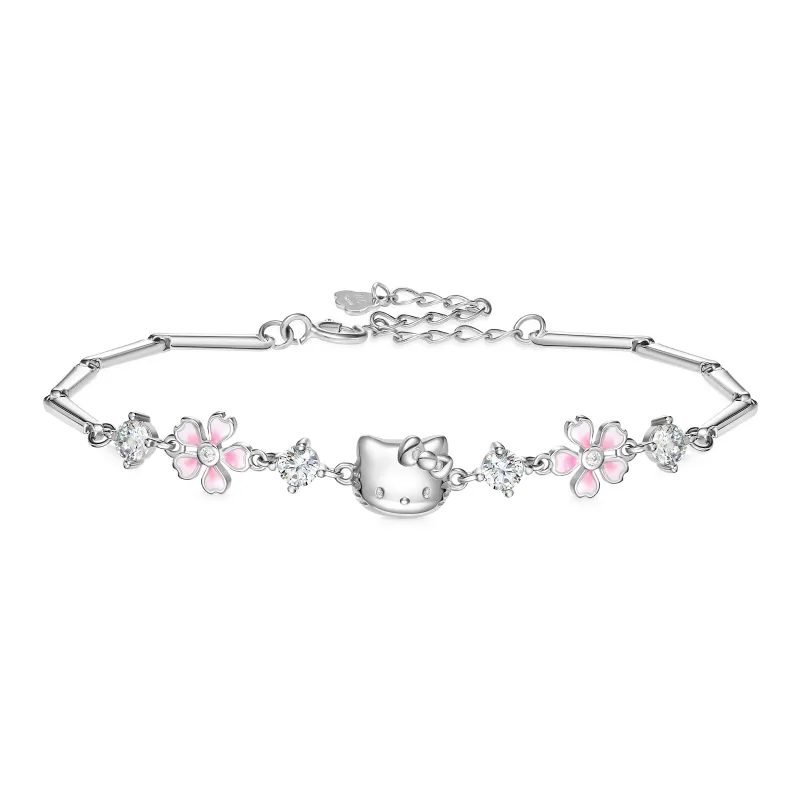 Hello Kitty 925 Sterling Silver Sanrio Bowknot Box Sterling Silver Niche Design Hand Chain Women's Pink-0