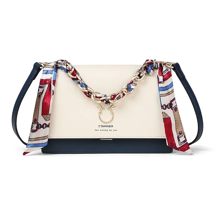 C°BANNER Cow Leather With Synthetic Leather Small Square Bag, Crossbody Handbag Regular Women's White & Blue-4