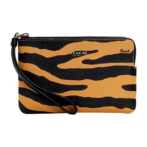 COACH Corner Zip Leather Coin Purse, Handheld Wrist Bag Small Size Women's Yellow/Black