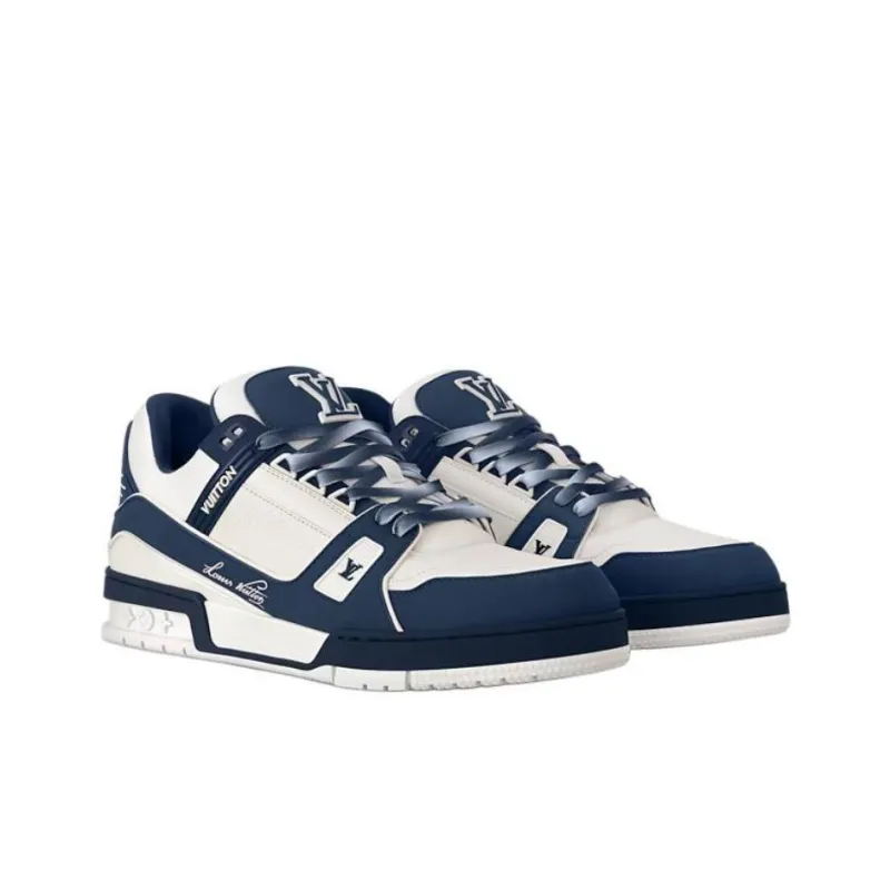 LOUIS VUITTON Trainer Low Top Skateboard Shoes Men's White Blue-2