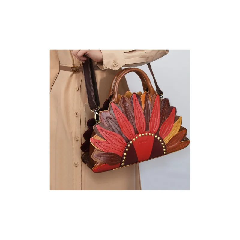 ;COBBLER LEGEND Top Grain Cow Leather Handbags Shoulder Bags Medium Size Women's Red With Apricot And Light Brown-2