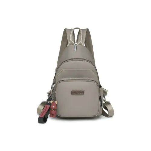 Morellybear Nylon One Shoulder Crossbody Double-Shoulder Sling Bag Unisex Khaki/Ecru Black/Orange Red
