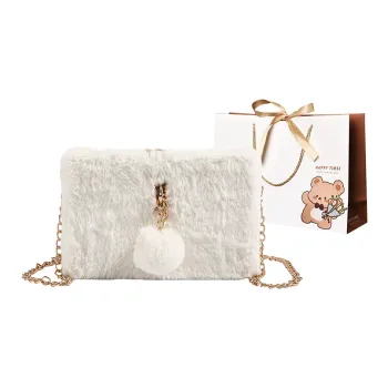 ERANGBEAR Fleece One Shoulder Korean Style Small Square Bag Crossbody Bag Women's White/Khaki/Black/Pink