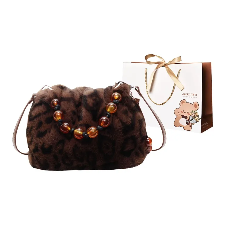 ERANGBEAR Plush Shoulder Bag Women's Khaki/Black/Coffee/Ecru/Leopard Print Ecru/Leopard Print Coffee-15
