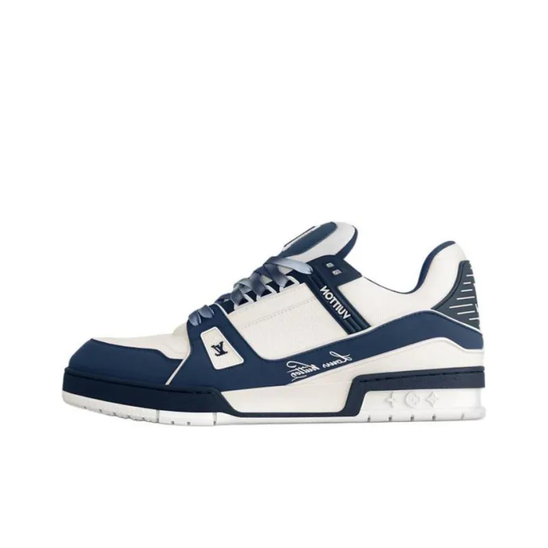 LOUIS VUITTON Trainer Low Top Skateboard Shoes Men's White Blue-0