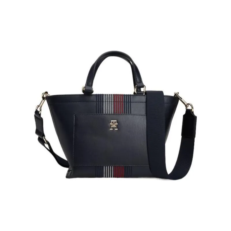 Tommy Hilfiger TH Monogram Polyurethane Tote Bag Shopping Bag Shoulder Bag Handbag Small Size Women's Space Blue-0