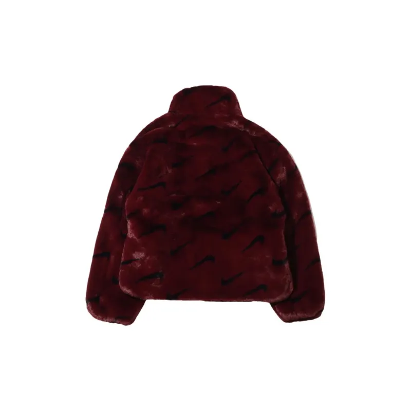 Nike Women's Printed Faux Fur Jacket Asia Sizing Burgundy Crush-1