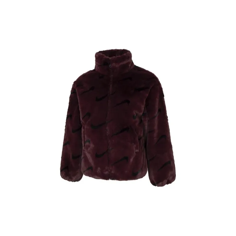 Nike Women's Printed Faux Fur Jacket Asia Sizing Burgundy Crush-2