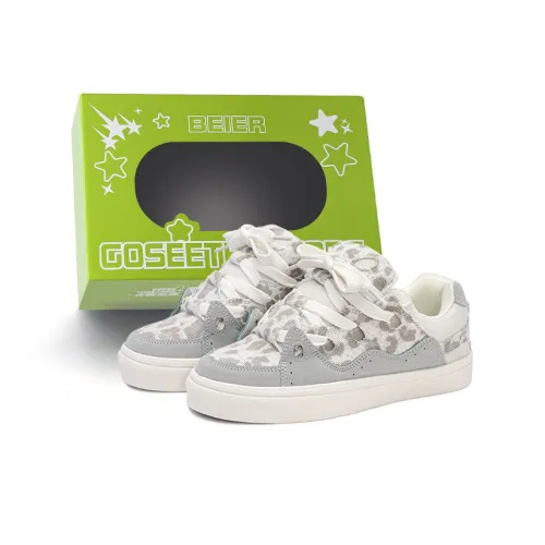 BEIER Box Slip-Resistant Low-Top Skateboard Shoes Unisex Sea Blue Leopard Print
