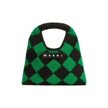 MARNI Acrylic Knitted Fabric With Cow Leather Basket Bag Handbag Mini Women's Green & Black